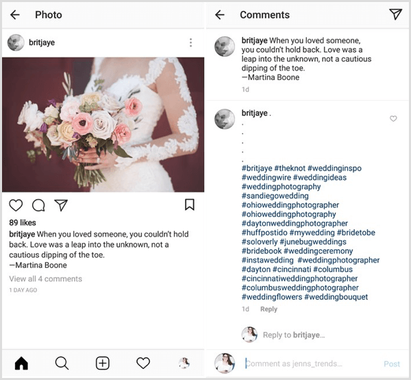 primer objave v Instagramu s kombinacijo hashtagov vsebine, industrije, niše in blagovne znamke
