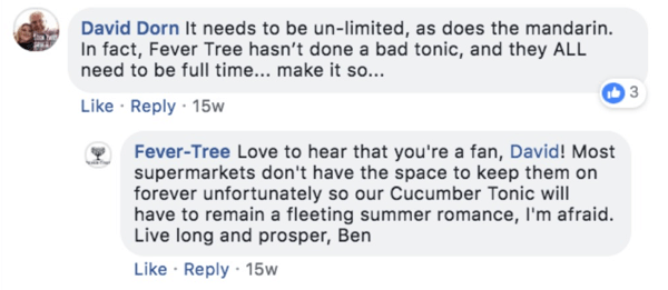 Primer vročinskega drevesa, ki se odzove na komentar na objavo na Facebooku.