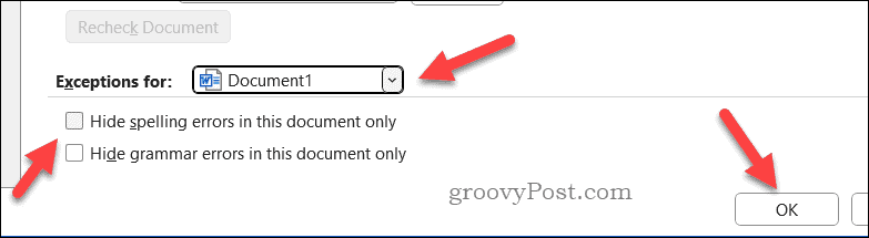 Nastavite izjeme za preverjanje črkovanja Word