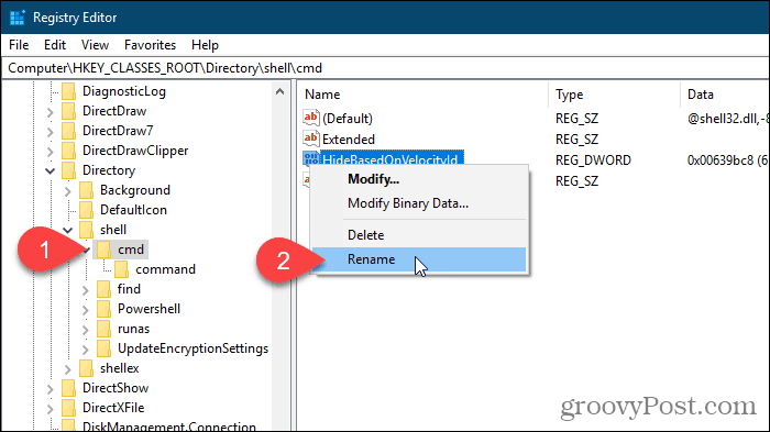 V urejevalniku registra Windows izberite Preimenuj vrednost HideBasedOnVelocityId