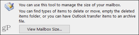 Ogled velikosti nabiralnika v Outlooku
