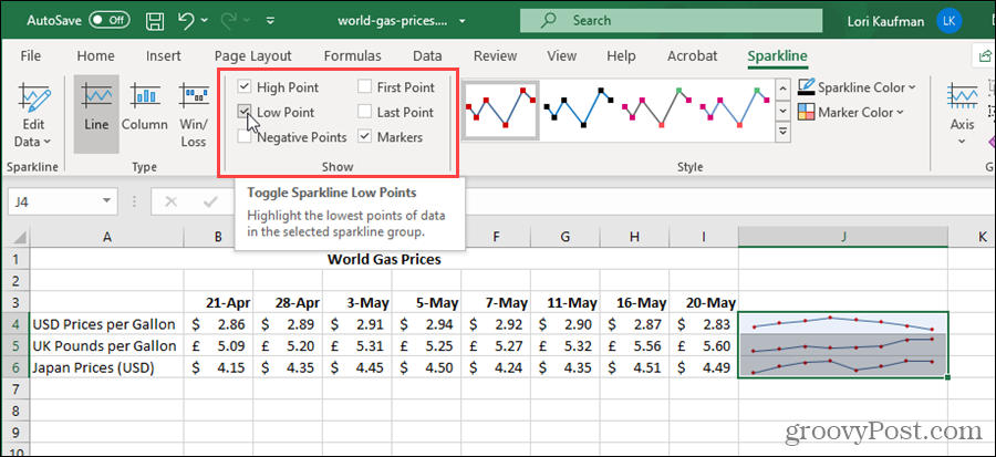 Pokaži možnosti za Sparklines v Excelu