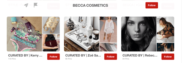 Primer oglasnih desk na Pinterestu, ki so jih kustosi vplivali za kozmetiko Becca.