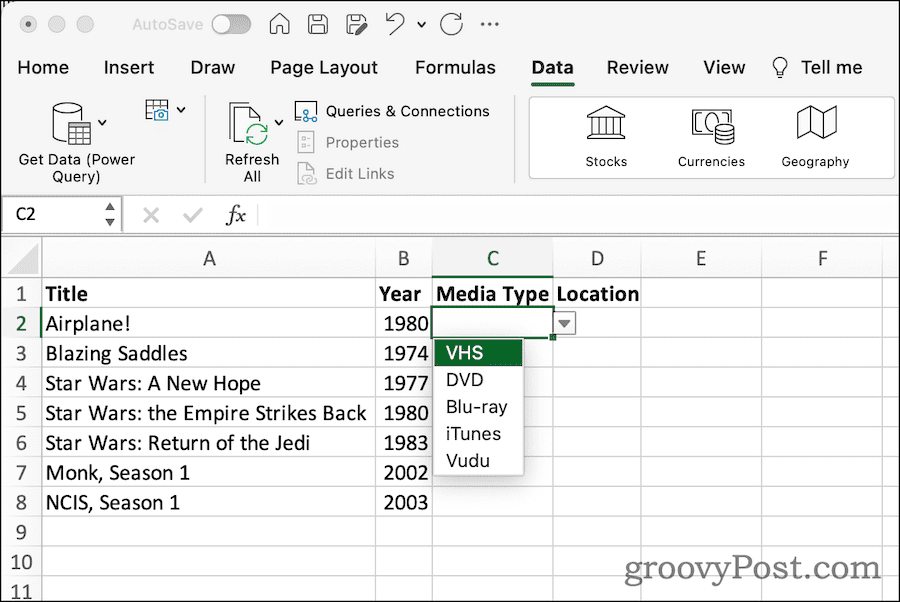 Spustni seznam v Excelovi preglednici