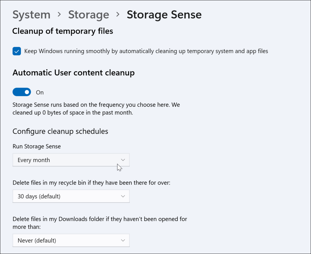 Kako omogočiti in konfigurirati Storage Sense v sistemu Windows 11
