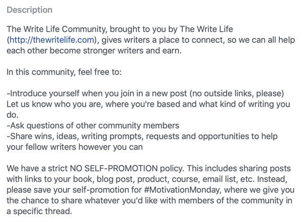 Kako izboljšati svojo skupnost Facebook skupin, primer opisa skupine Facebook in pravila skupnosti Write The Life