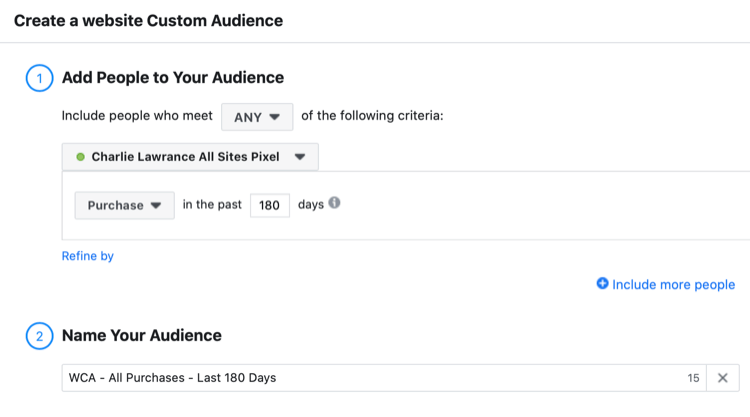 nastavite občinstvo po meri na spletnem mestu Facebook obiskovalcev, ki so kupili v zadnjih 180 dneh