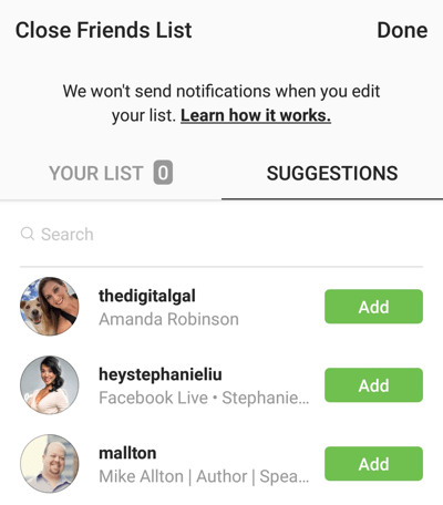 Možnost klika Dodaj, če želite dodati prijatelja na seznam zaprtih prijateljev v Instagramu.
