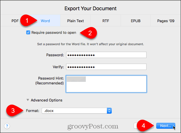 Izvozite pogovorno okno Dokument v Strani za Mac