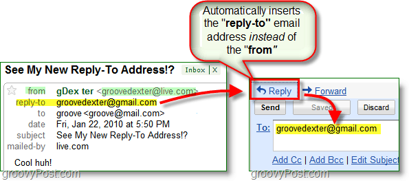 ko nastavite odgovor na e-poštni naslov, pošlje vse odgovore na vaš alternativni naslov