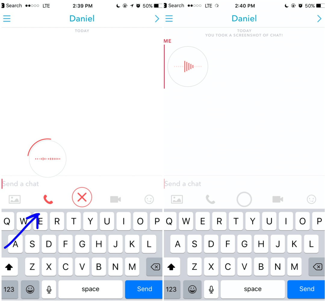 V Snapchatu pridržite ikono telefona, da posnamete glasovno sporočilo, ki ga bo stranka videla ob naslednji prijavi.