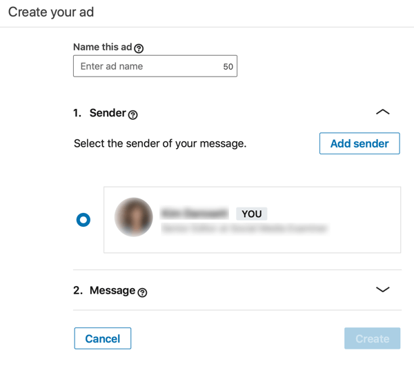 Kako ustvariti sporočen oglas InMail, ki ga sponzorira LinkedIn, korak 3, nastavite ime in pošiljatelja