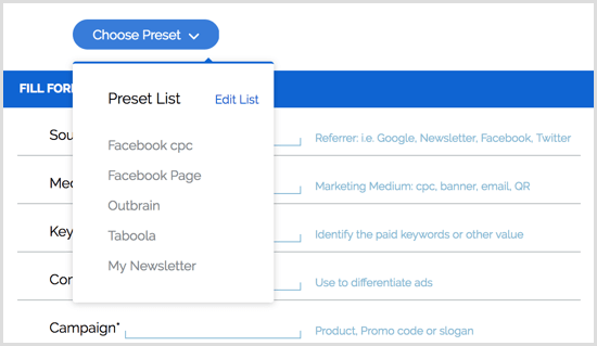 Prednastavitve razširitve za Chrome za Google URL Builder
