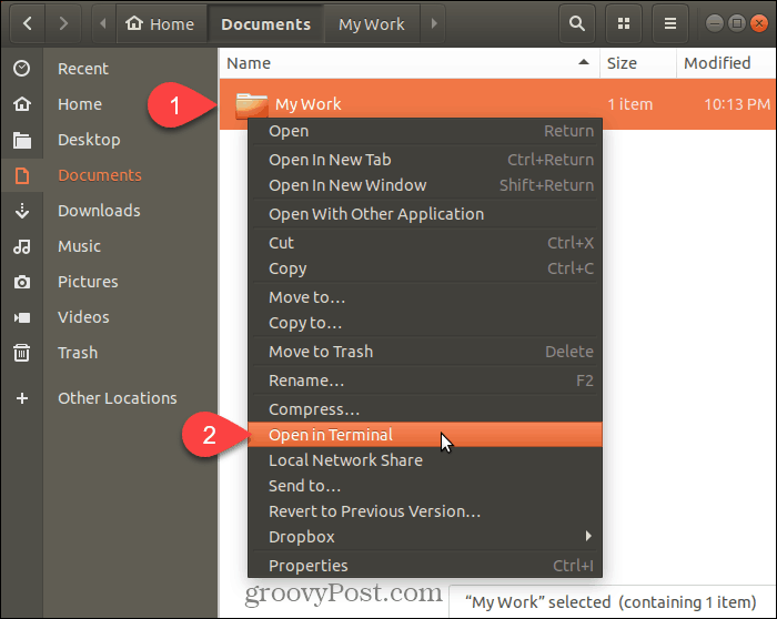 Izberite Odpri v terminalu v Ubuntu Linuxu