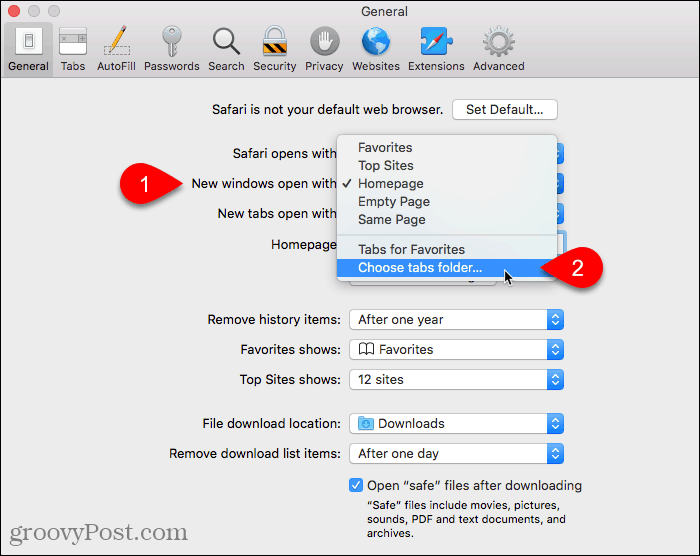 Izberite Izberite mapo z zavihki za Nova okna odprta z nastavitvijo v Safariju na Macu
