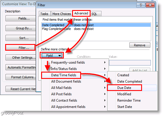 Posnetek zaslona: Filter za nastavitve opravil v programu Outlook 2007