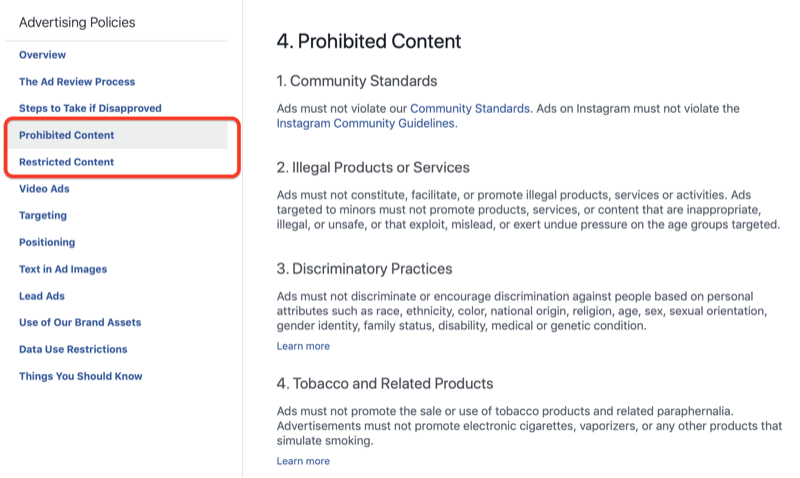 Oddelek o prepovedani vsebini v politikah oglaševanja na Facebooku