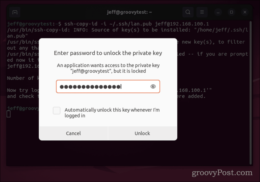 Pogovorno okno za geslo Ubuntu za ključ SSH