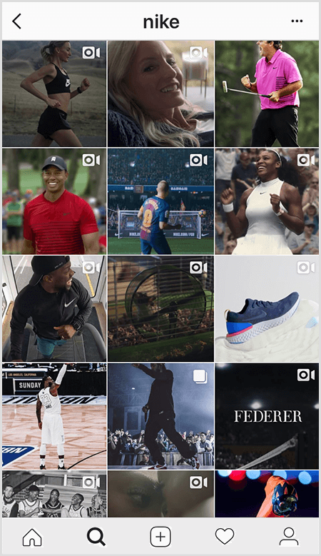 Objave Nike Instagram vsebujejo mrežo športnikov, ki nosijo opremo Nike, a le nekaj slik v viru vsebuje besedilo.