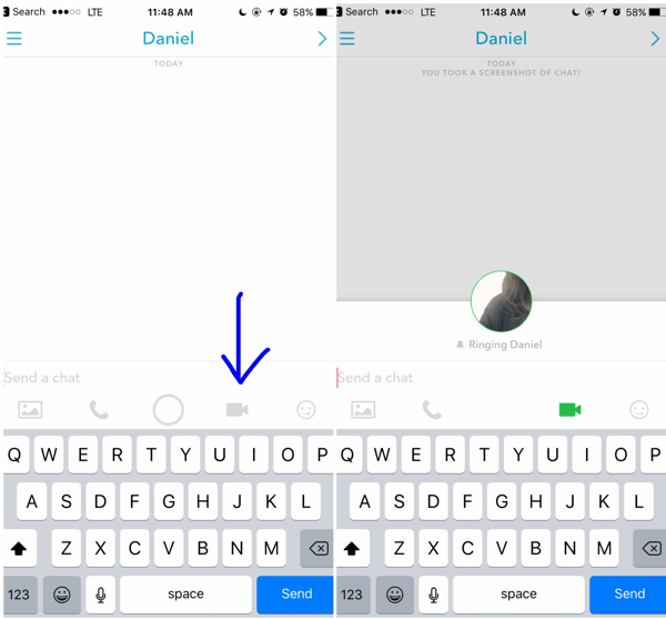 Če želite vzpostaviti video klic Snapchat, se v odprtem pogovoru s stranko dotaknite ikone za video.