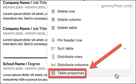 lastnosti tabele v google dokumentih