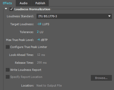 Te nastavitve za normalizacijo glasnosti uporabljam pri izvozu zvočne datoteke v Adobe Premiere.