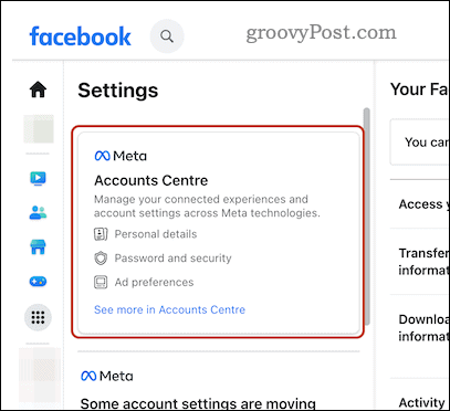 Odprite možnosti središča računa Facebook