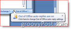 Spodnji desni kot Outlooka 2007 – opomnik o omogočenih samodejnih odgovorih odsotnosti