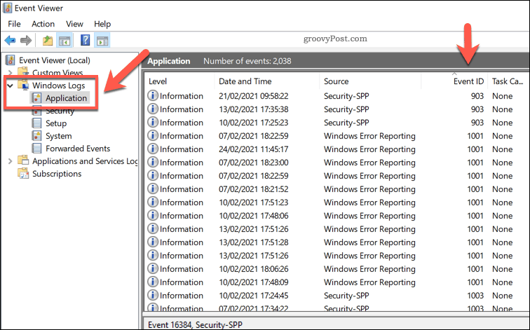 Seznam dnevnikov programov Windows v pregledovalniku dogodkov