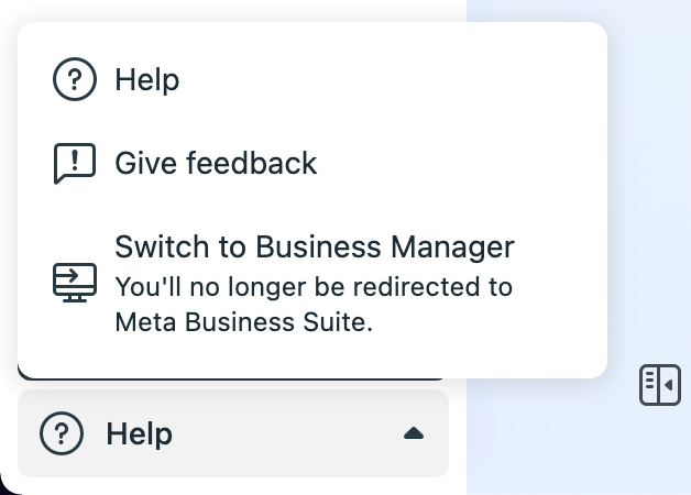 slika možnosti Preklopi na Business Manager v Meta Business Suite
