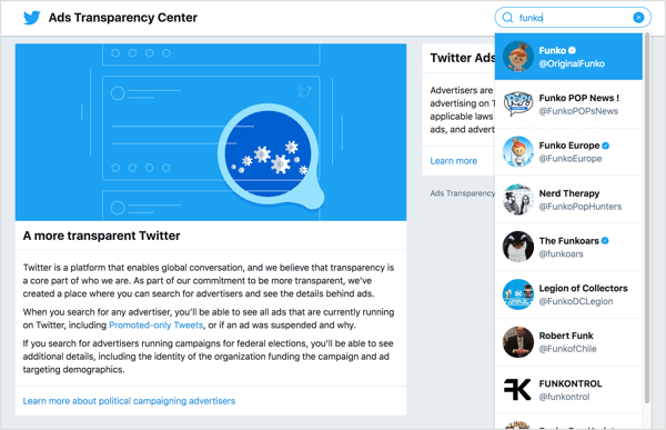 ALTČe si želite ogledati oglase za podjetje, pojdite v center za preglednost oglasov Twitter. 
