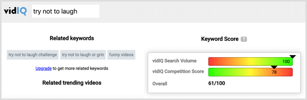 Kliknite oznako konkurenta v VidIQ, da si ogledate obseg iskanja in konkurenco za to oznako.
