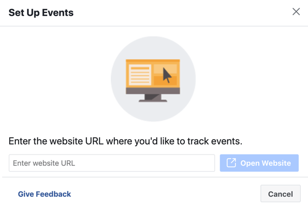 Za namestitev dogodka pixel uporabite orodje za nastavitev dogodka Facebook, korak 3, vnesite URL spletnega mesta