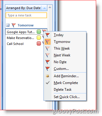 Vrstica opravil Outlook 2007 - z desno miškino tipko kliknite zastavico za meni z možnostmi