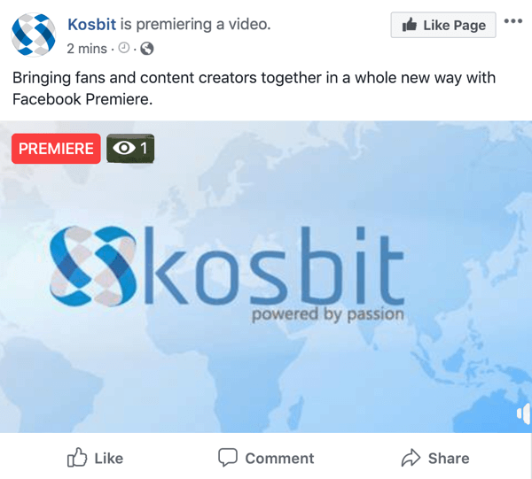 Facebook Premiere primer kosbit, video premiera