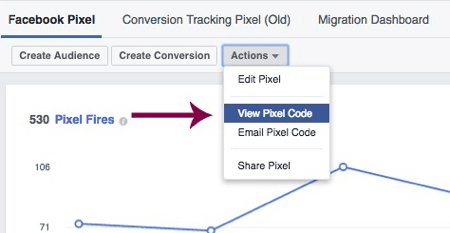 Kliknite Ogled kode piksla za dostop do svoje edinstvene piksele Facebook.