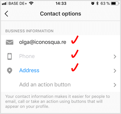 dodajte kontaktne podatke za poslovni račun Instagram