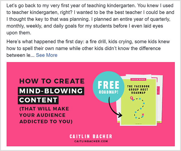 Objava Caitlin Bacher na Facebooku, ki prikazuje ponudbo za njen brezplačni načrt skupine Facebook. Slika ponudbe ima večinoma črno besedilo na roza ozadju. Besedilo Prosti načrt se prikaže v svetlo modrem krogu in kaže na naslovnico načrta.