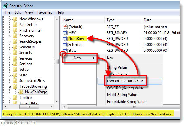 dodajte numrows na HKEY_CURRENT_USERSoftwareMicrosoftInternet ExplorerTabbedBrowsingNewTabPage