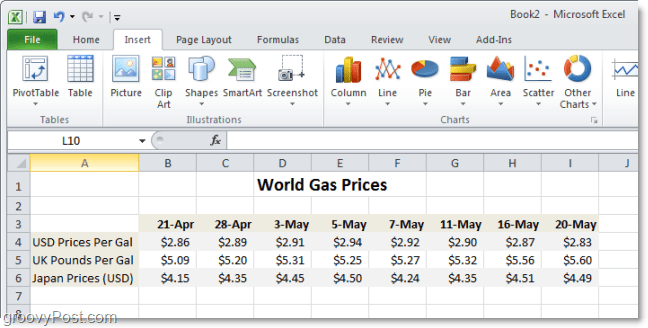 Primerjalna shema svetovnih cen plina v Excelu 2010