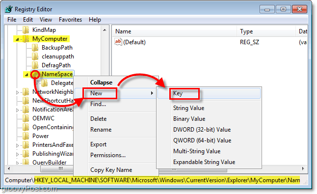 dodajte nov podključ v tipko NameSpace v operacijskem sistemu Windows 7