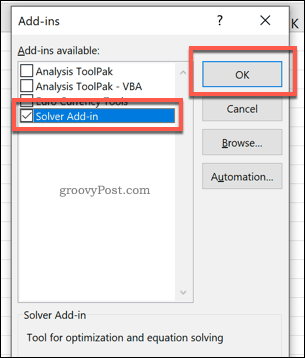 Omogočanje dodatka Excel Solver