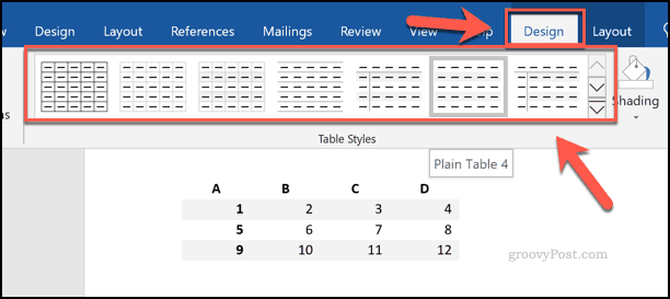 Izbira slogov tabel v Wordu