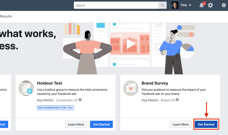 Gumb Začnite za raziskavo blagovne znamke za Facebook eksperimente