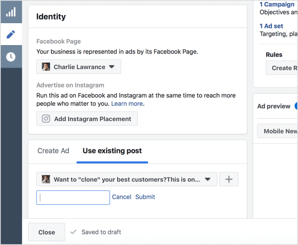 Izberite Uporabi obstoječo objavo in vnesite ID objave na Facebooku.