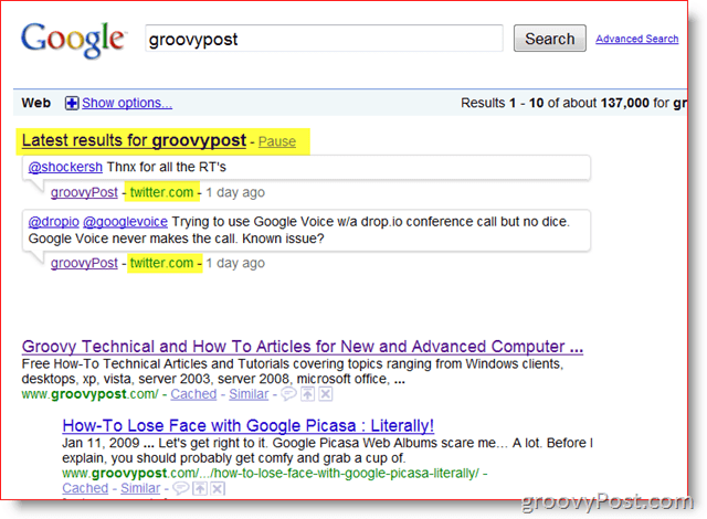 GroovyPost in Google Iskanje v realnem času