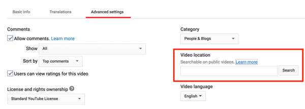 Videoposnetku v YouTubu dodajte lokacijo, da bo omogočeno geografsko iskanje.