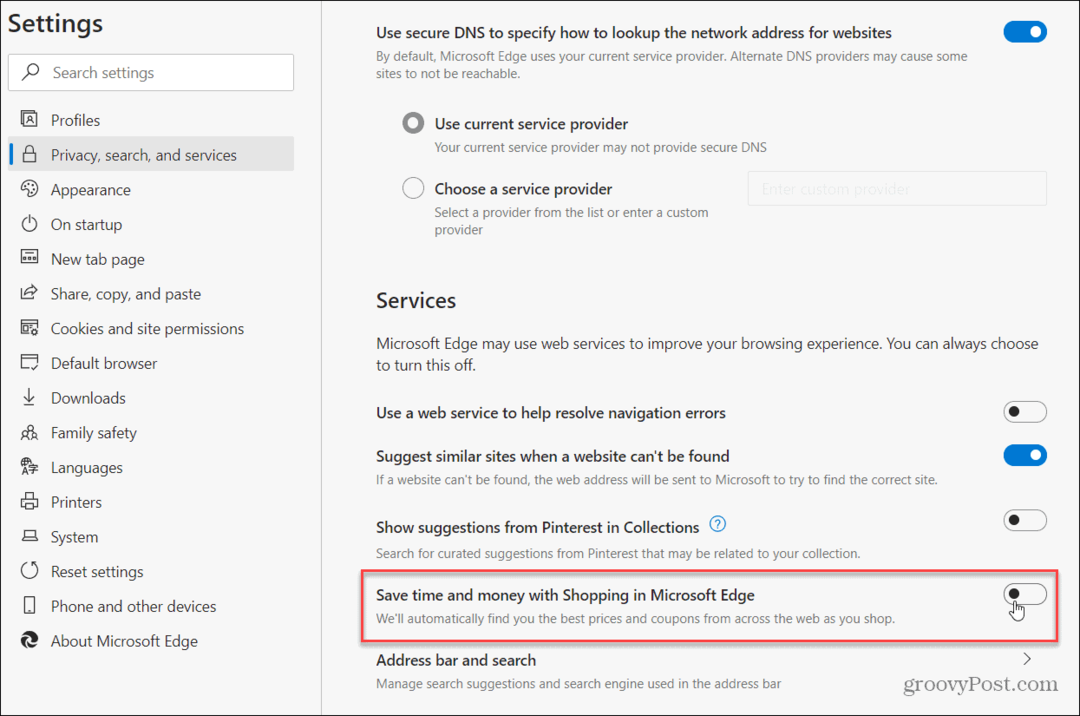 Izklopite funkcije spletnega nakupovanja v programu Microsoft Edge v sistemu Windows 10