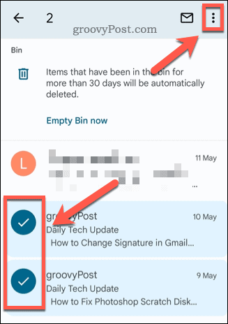 Izbira e-poštnih sporočil v mapi smetnjaka Gmaila