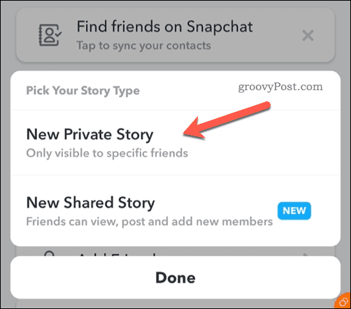 Ustvarite novo zasebno zgodbo Snapchat